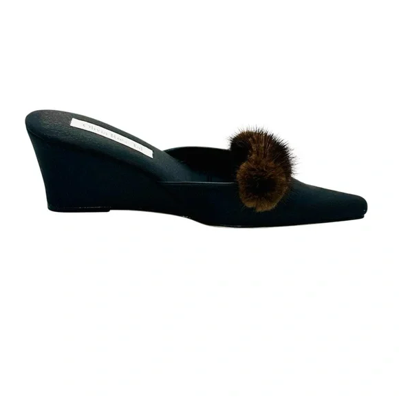 Olivia Rose Tal Black Wedge Mules with Brown Fur sz 9 Vintage - Picture 5 of 11